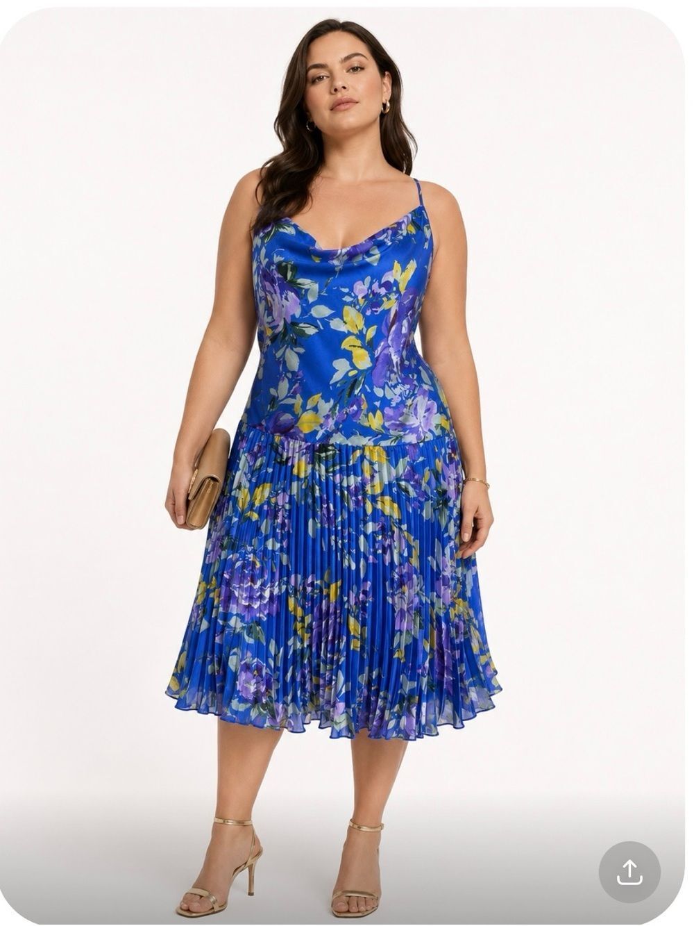 REVIEW AUSTRALIA Blue Floral Cowl Neck Pleated Midi Dress Size 16